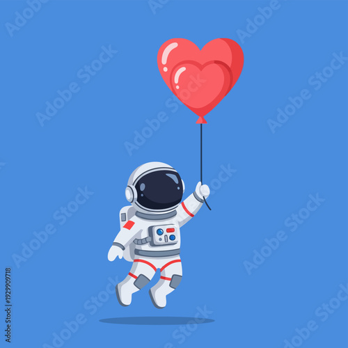 Cartoon Astronaut Floating with Red Heart Balloon. Whimsical Space Love & Valentine's Day Concept