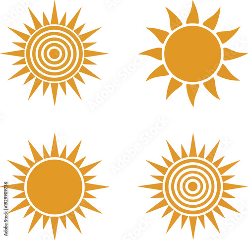 Four vibrant sun designs with varying styles and patterns in a square arrangement Vector