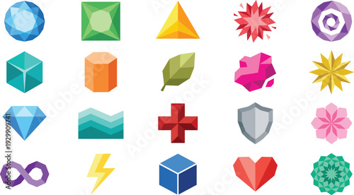 Collection of colorful low poly icons featuring gems, shapes, nature, and abstract symbols.