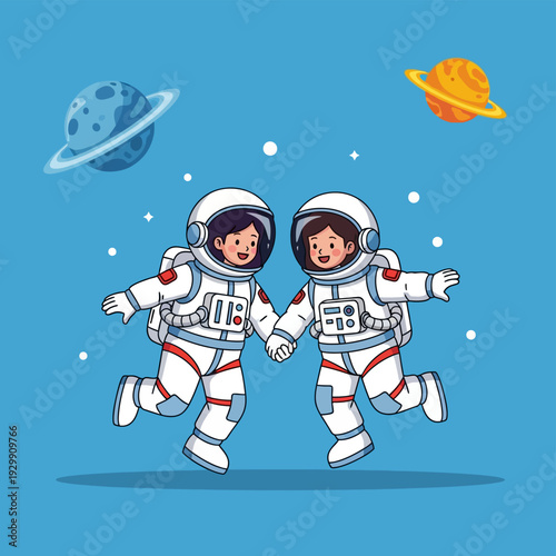 Two Cute Cartoon Astronauts Holding Hands in Space, Exploring Planets - Friendship and Adventure