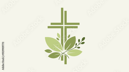 Christian Cross with Leaves and Flower.