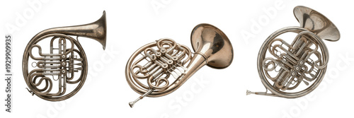 Set and collection of professional silver French horns and brass orchestral instruments for classical music performance isolated on white transparent PNG background