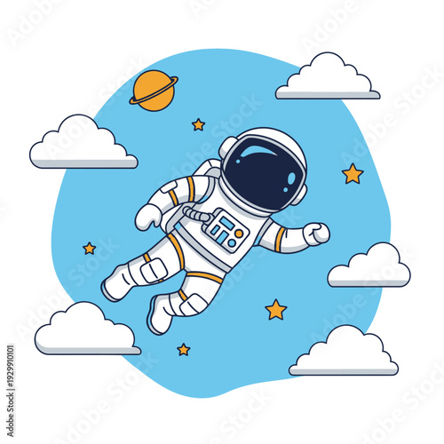 Cute Astronaut Floating in Space with Clouds and Stars - Whimsical Cartoon Space Adventure Illustration