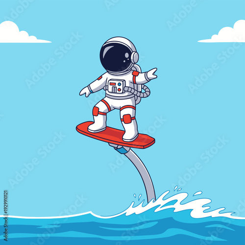 Cartoon Astronaut Hydrofoiling on Water - Fun Spaceman Riding eFoil Surfboard Adventure Illustration
