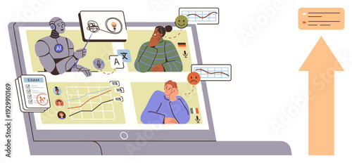 Online education, AI tutoring, virtual learning analytics, digital classrooms, technology in education, student progress tracking. Robot explaining data on a screen. Online education and AI tutoring