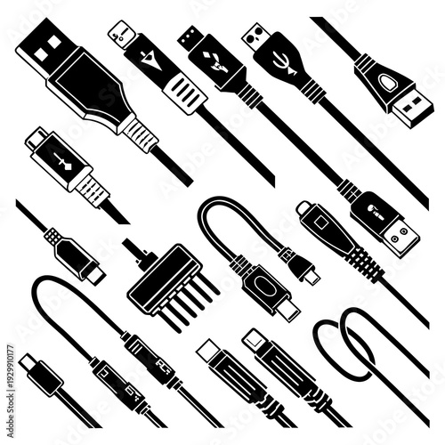 Diverse set of black and white vector icons showcasing various USB cables, connectors, and adapters for electronics.