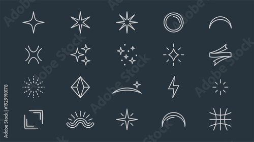 Collection of various thin line white sparkle, twinkle, and shining effect icons set.