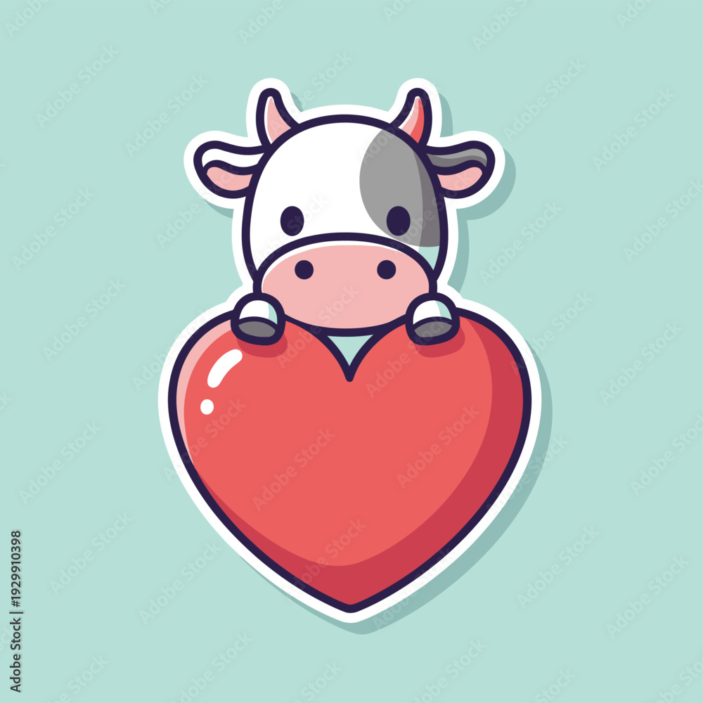 Naklejka premium Cute Kawaii Cartoon Cow Holding Red Heart Sticker Illustration. Adorable Valentine's Day Love Symbol Vector Graphic.
