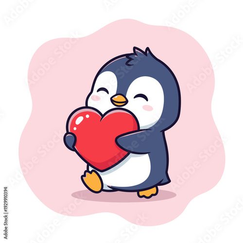 Cute Happy Penguin Cartoon Character Holding a Red Heart - Adorable Vector Illustration for Love, Valentine's Day, and Sweet Emotions