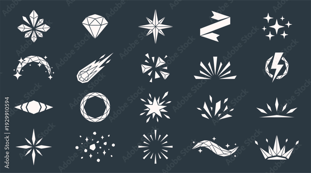 Fototapeta premium Collection of stylized white geometric starburst, diamond, and crystal icons set against dark background.