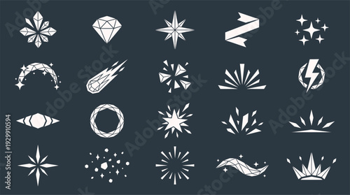 Collection of stylized white geometric starburst, diamond, and crystal icons set against dark background.