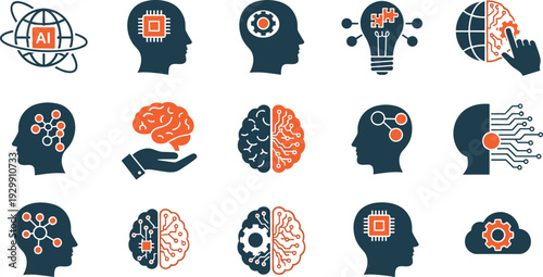 Navy and orange AI icons featuring neural circuits brain chip integration cognitive processing and global artificial intelligence networks