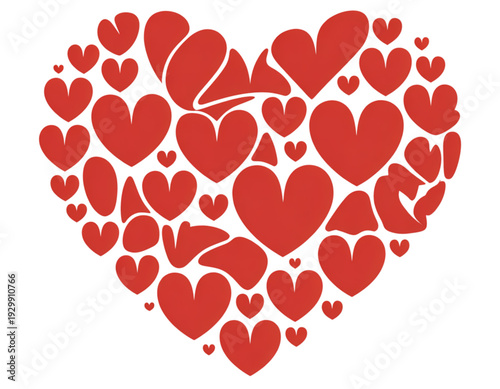 A vibrant cluster of red hearts forming a larger heart shape on a white background.