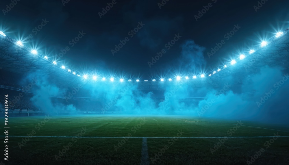 Obraz premium Stadium field at night under bright spotlights with blue smoke effects. Empty arena grass glows, stadium lights shine, sports event atmosphere. Soccer or football game setting.