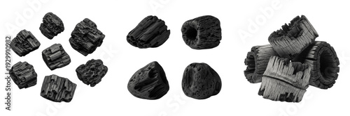Obraz na plátně Set and collection of black charcoal briquettes and natural wood coal pieces for