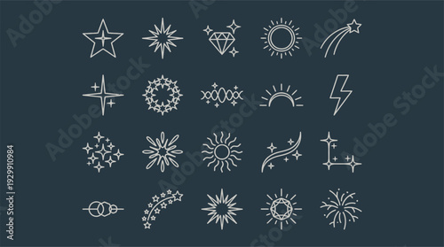 Collection of minimalist white line art icons representing stars, suns, sparkles, and celestial events.