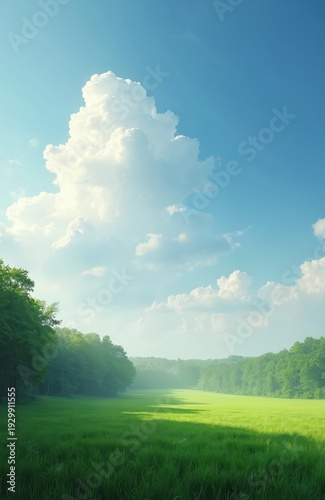 Vast green grass field beside forest edge under wide blue sky with soft white clouds. Sunlight streams through mist, creating peaceful morning mood. Open space stretches to distant treeline.