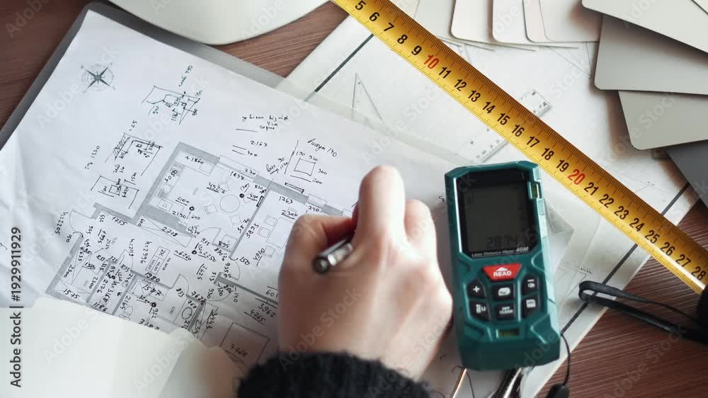 woman designer takes measurements and writes a diagram of apartment ...