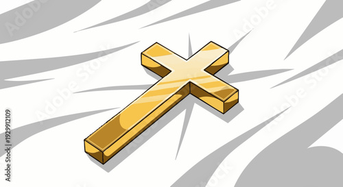 Golden Christian cross on a white cloth background. Vector illustration.