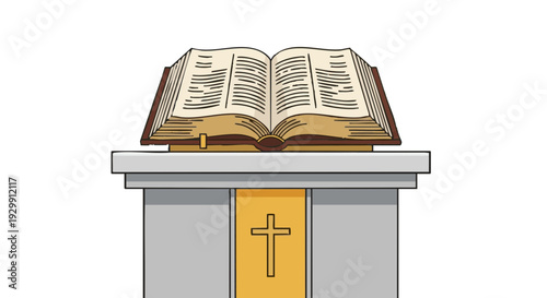 Open Holy Bible on a church altar or lectern with a cross. Vector illustration.
