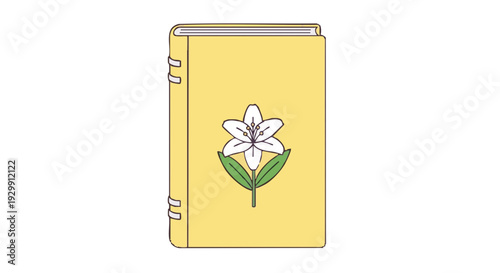 Closed yellow hymn book with an Easter lily on the cover. Christian religious symbol for church service, isolated on white. Vector illustration.