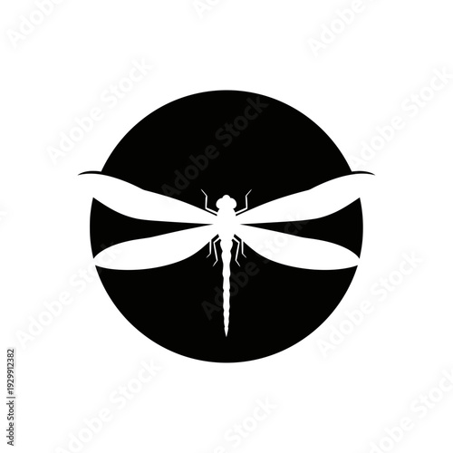 White Dragonfly Silhouette in Black Circle, Minimalist Icon, Vector Art