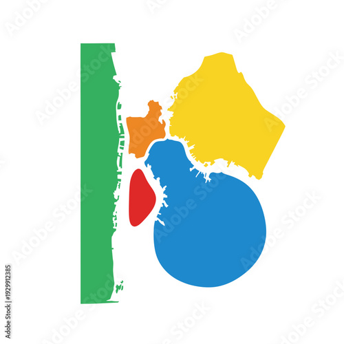 Abstract colorful shapes forming a stylized 'B' on white background