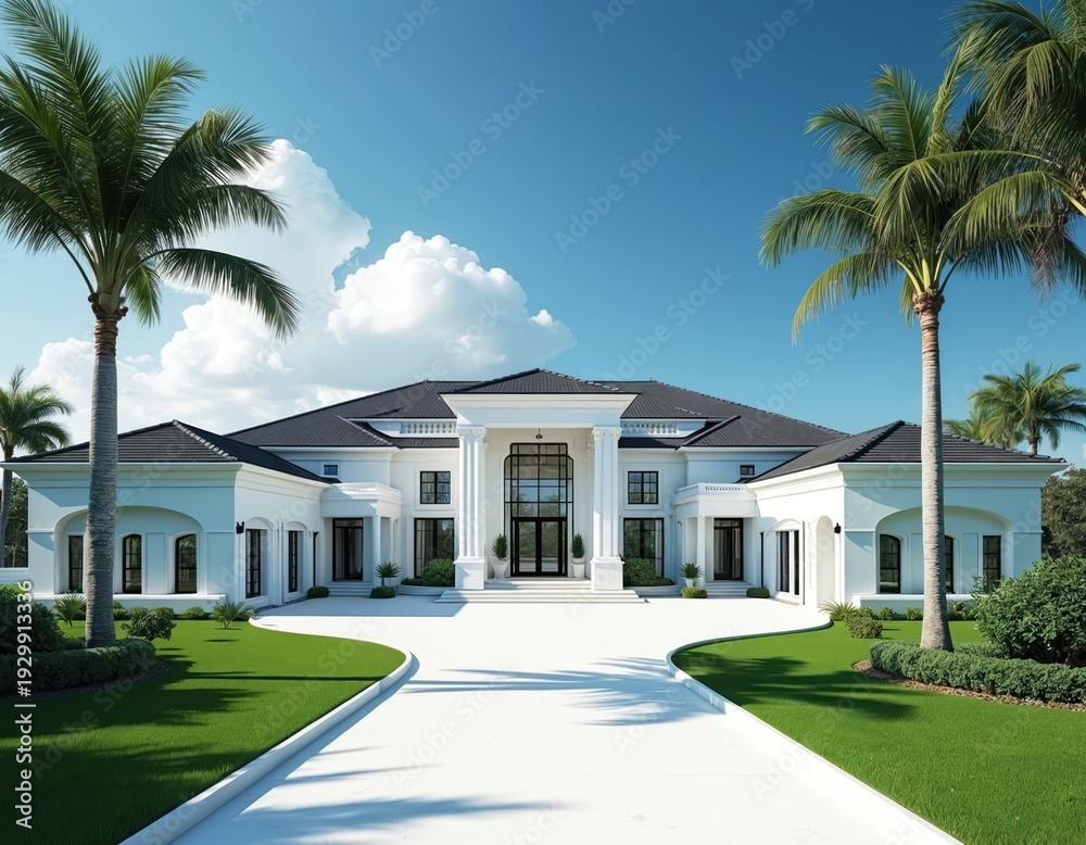 Fototapeta premium Spacious white mansion with black roof and rich green lawn stands by blue ocean. Tall palm trees frame large modern house, perfect for resort or luxury living.