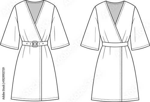 Two White Robes with Belts and V- Neck Shown from Front and Back Views buckle V-neck