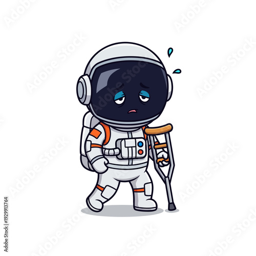Depressed Cartoon Astronaut on Crutches: Weary Space Traveler Facing Setback or Injury