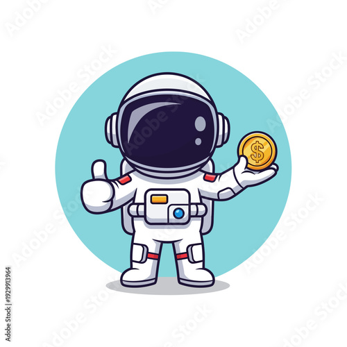 Astronaut Holding Gold Dollar Coin and Giving Thumbs Up. Space Finance, Success, and Business Concept Illustration.