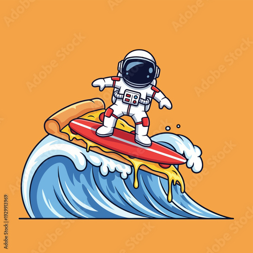 Cartoon Astronaut Surfing Pizza Slice on a Wave - Space Food Adventure