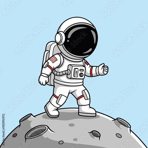 Cute Cartoon Astronaut Walking on Moon Surface - Space Exploration and Discovery Vector Illustration