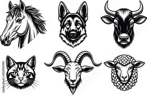 Black and white animal head vector set with horse german shepherd cow cat goat and sheep, domestic livestock icons for agriculture branding and butchery.