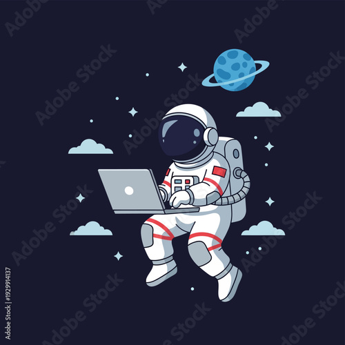 Astronaut Remote Worker in Space with Laptop - Digital Nomad Illustration