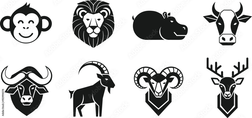 Fototapeta premium animal, silhouette, vector, lion, monkey, hippo, cow, buffalo, ibex, ram, deer, mascot, wildlife, nature, head, animal head, black silhouette, wild animal, nature 