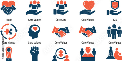 Two-tone solid icons for corporate core values trust integrity leadership care and organizational culture ethics
