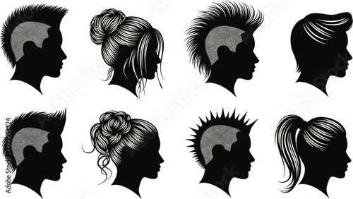 Black hairstyle silhouette vector set, male and female head profiles with mohawk bun ponytail and undercut icons for hair salon branding and barber shop logos.