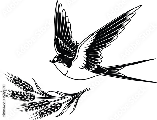 Flying swallow bird silhouette vector illustration with wheat stalk, minimalist avian wildlife graphic for organic farm nature branding and autumn harvest agricultural logo design.