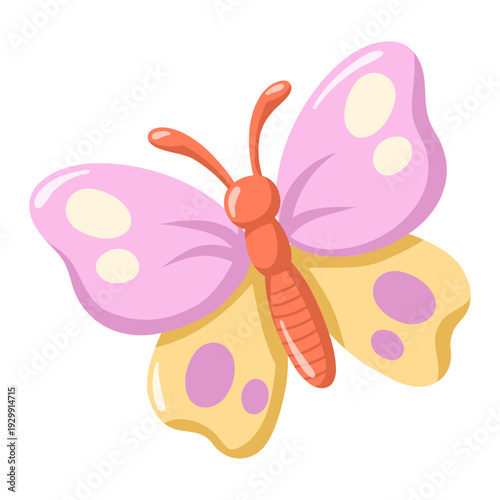 Butterfly with yellow and pink wings. Cartoon vector isolated illustration on white background