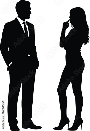 Silhouette of a professional businessman in a suit and a stylish woman in high heels standing and talking together on a white background, isolated.
