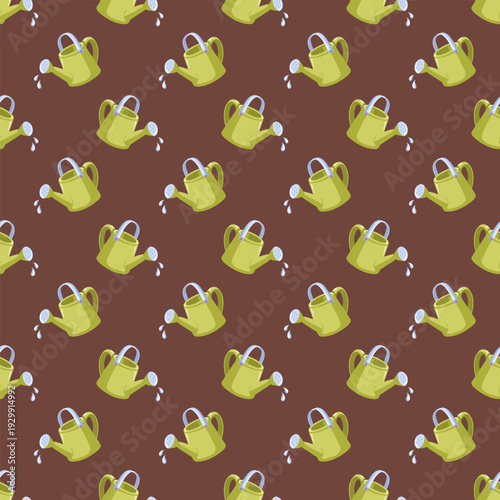 Seamless gardening pattern with green watering can with water drops on brown background. Vector seasonal print.