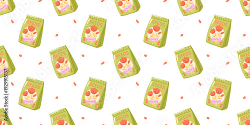 Seamless spring pattern with seed packets with tulip illustration on white background. Vector cozy seasonal print.