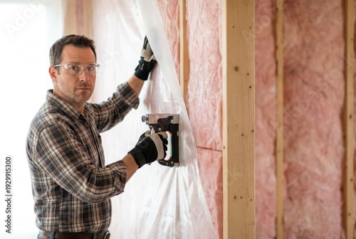 Construction worker installing a vapor barrier over wall insulation