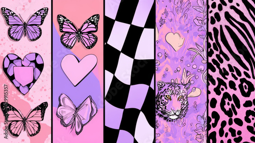  pink seamless pattern backgrounds with emo goth  aesthetic, butterflies, hearts, checkerboard, mesh, animal prints, pastel tones