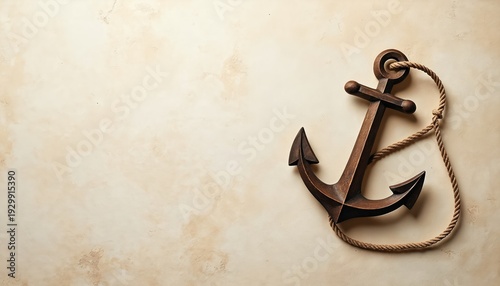 Wooden anchor with rope lies on textured beige surface. Nautical decor piece with vintage charm, maritime symbolism. Item for interior design, home accents, coastal themes. Simple, elegant, peaceful