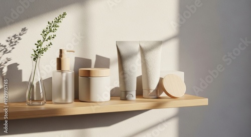Cosmetic products on wooden shelf with natural light