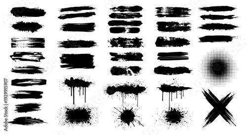 versatile black ink brush strokes paint splatters and grunge textures on white for abstract graphic design elements.