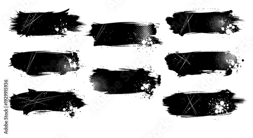 versatile set of black grunge brush strokes with distressed textures paint splatters and halftone dots for graphic design