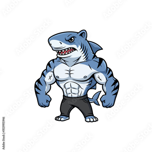 Muscular Cartoon Shark Mascot Character Illustration Standing Confidently - Strong and Powerful Ocean Predator in Black Pants